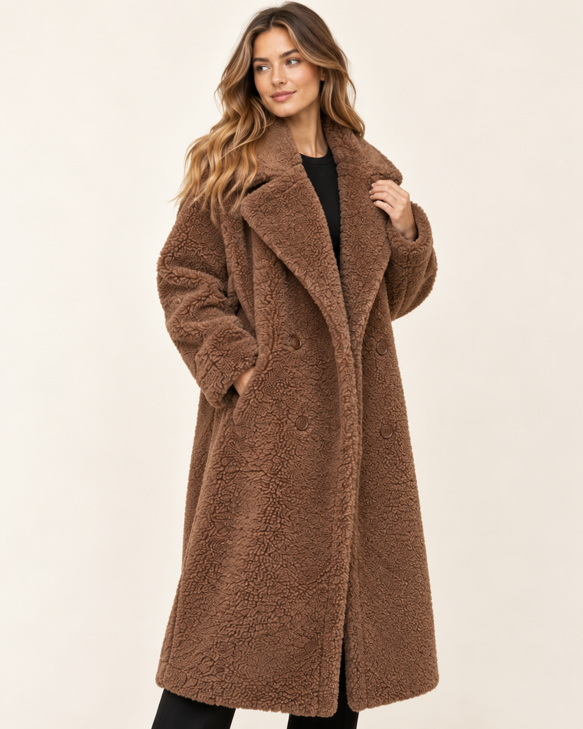 Women's brown long teddy coat three quarter view