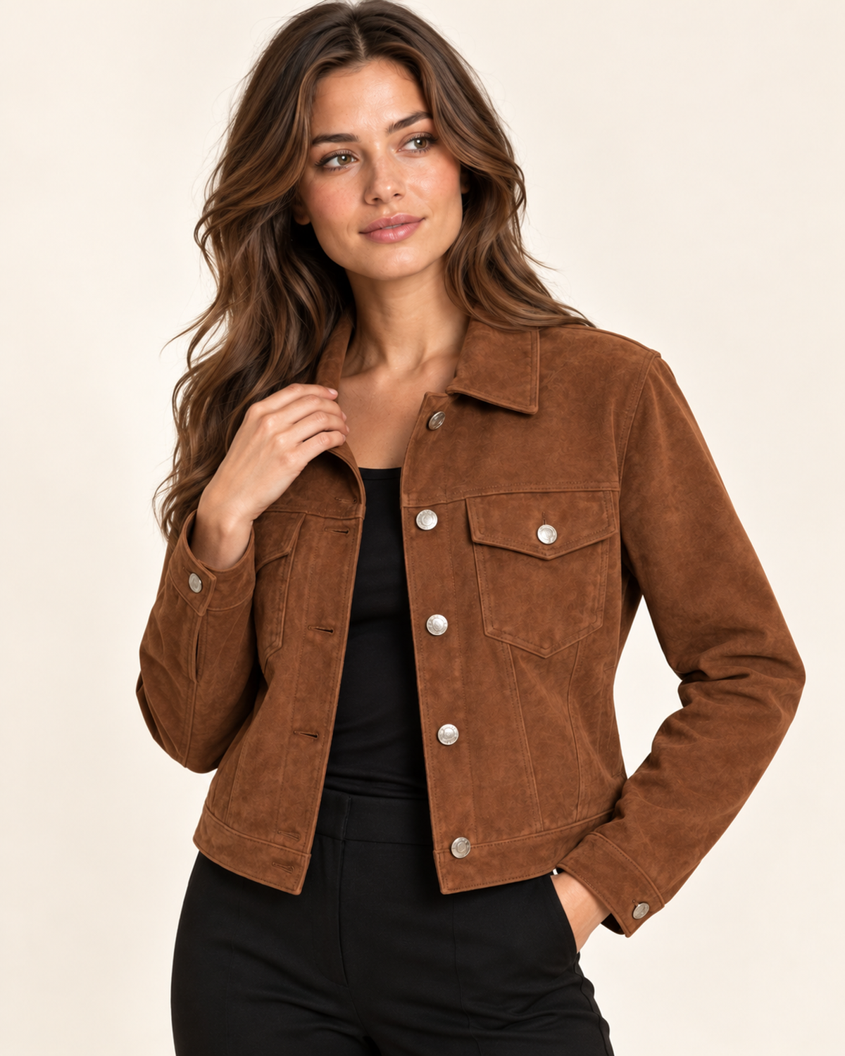 Women's brown faux suede button up jacket three quarter view