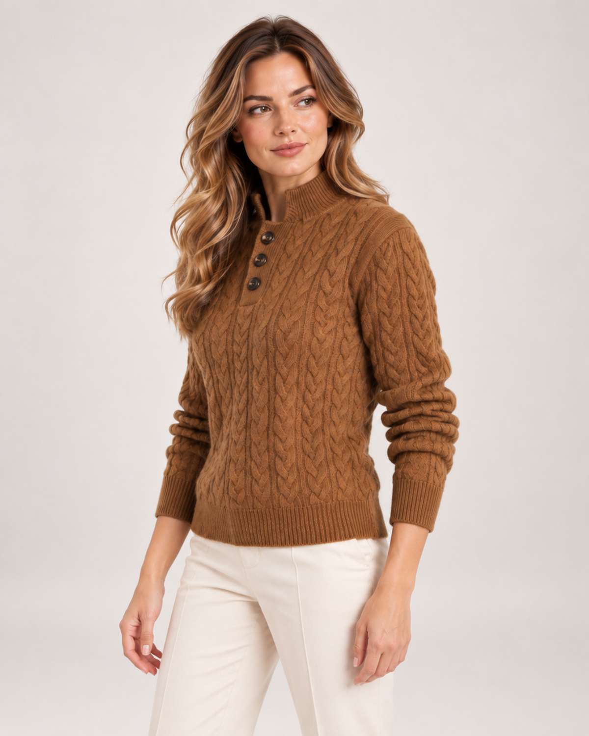 Women's Cable Knit Jumper with Stand Collar and Button Neck product view