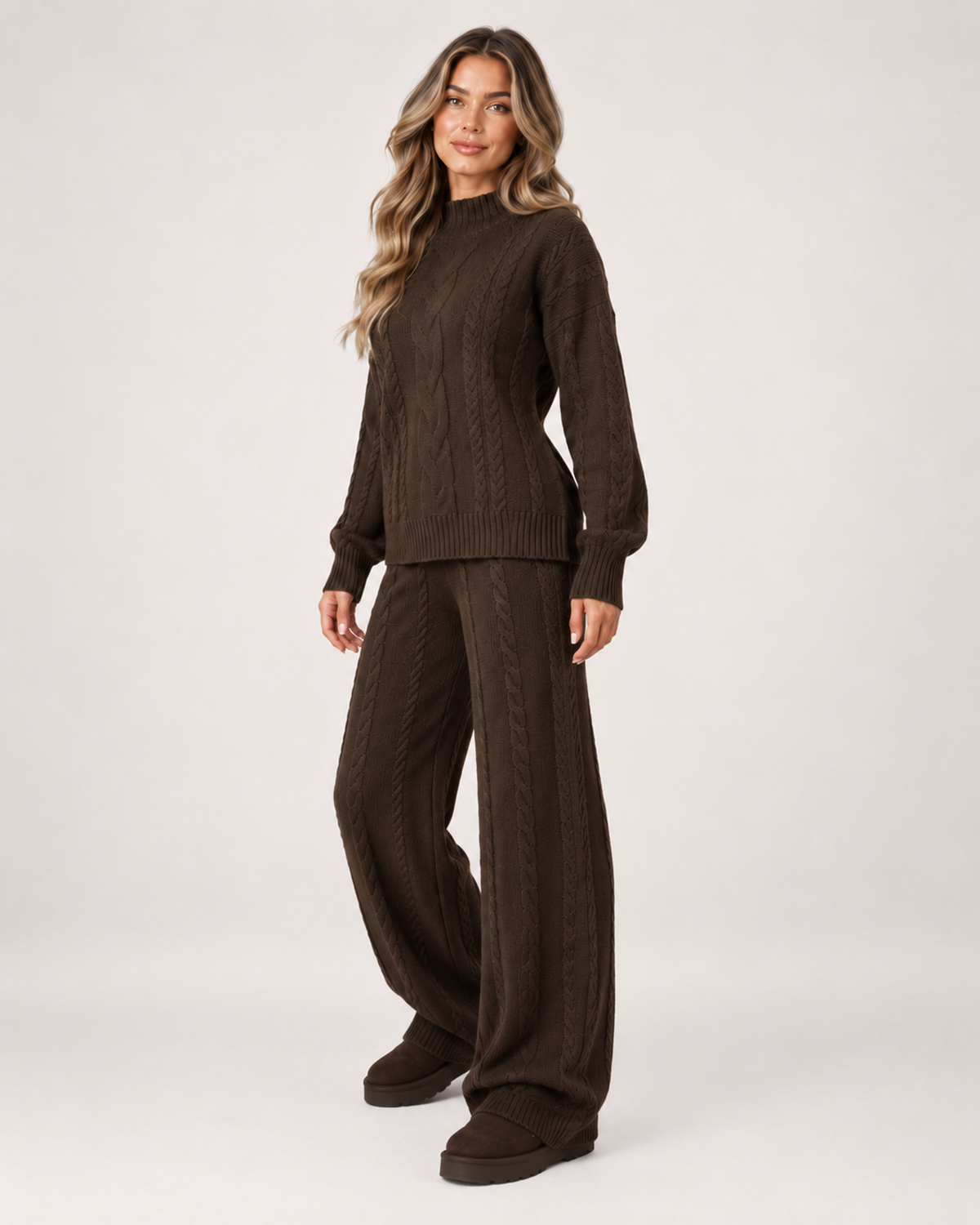 Women's Knitted Co-Ord Set with Cable Knit Jumper and Wide Leg Trousers product view