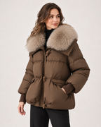 Women's Puffer Jacket with Faux Fur Collar and Drawstring Waist product view