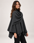 Women's dark grey asymmetric scarf cape coat close three quarter view