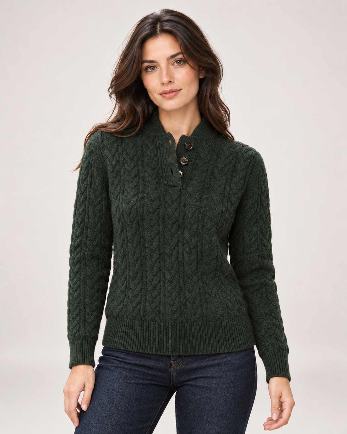 Women's Cable Knit Jumper with Button Neck three quarter view