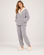 Women’s Fleece Pyjamas with Contrast Collar in Grey, full body view