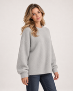 Women’s Fluffy Jumper with Crew Neck in Grey, upper body product focus view