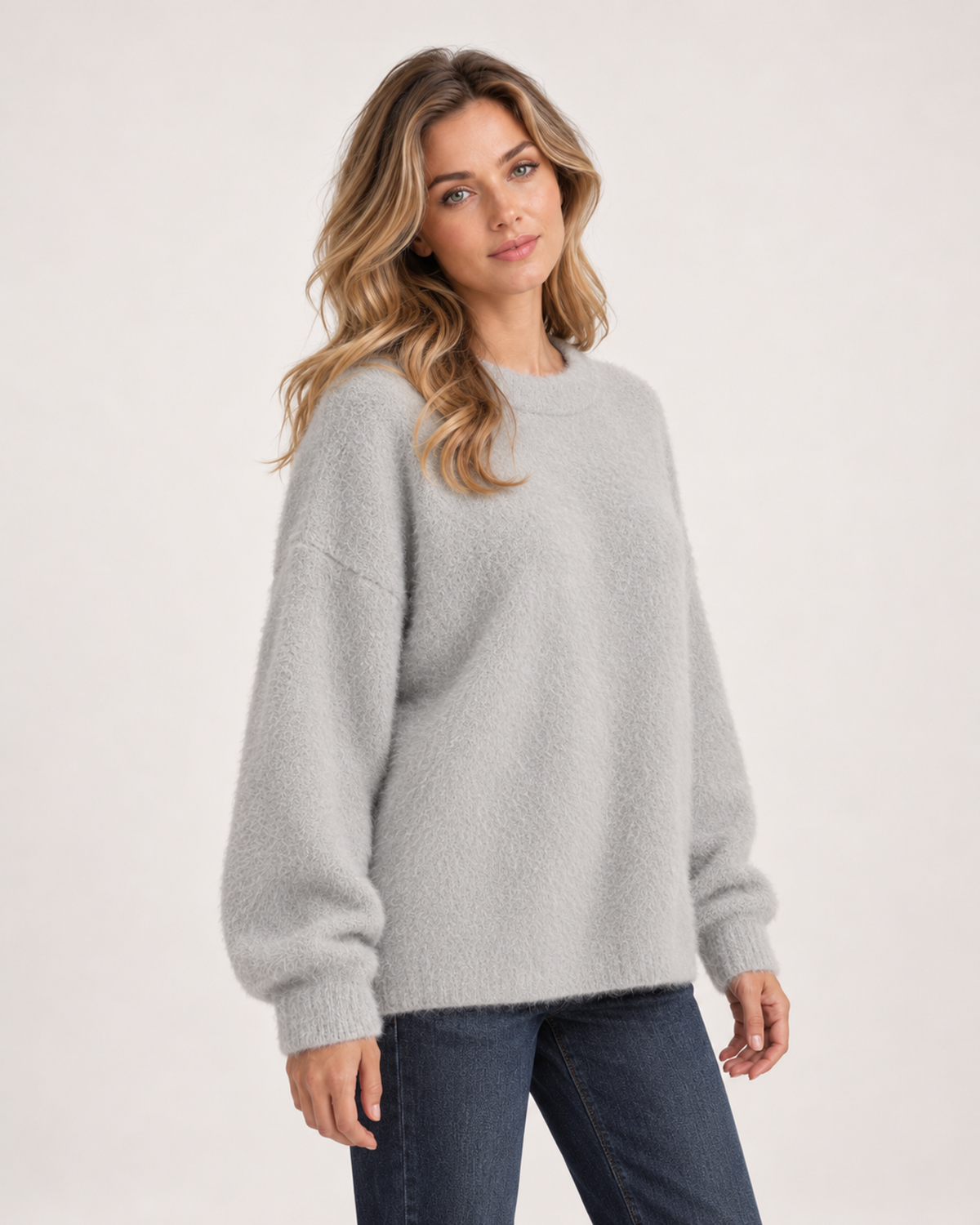 Women’s Fluffy Jumper with Crew Neck in Grey, upper body product focus view