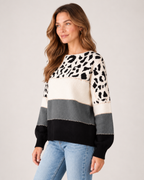Women's Knitted Jumper Patterned Colour Block Crew Neck Style product view