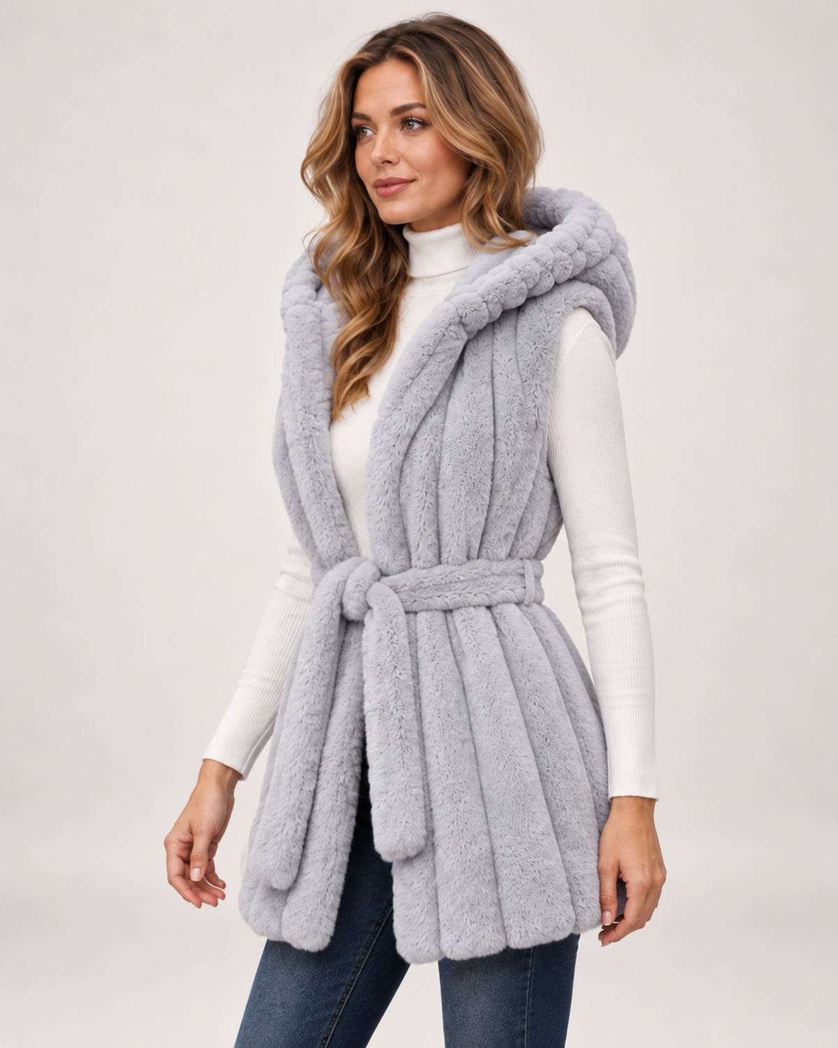 Women's Hooded Gilet with Faux Fur Finish and Belt product view