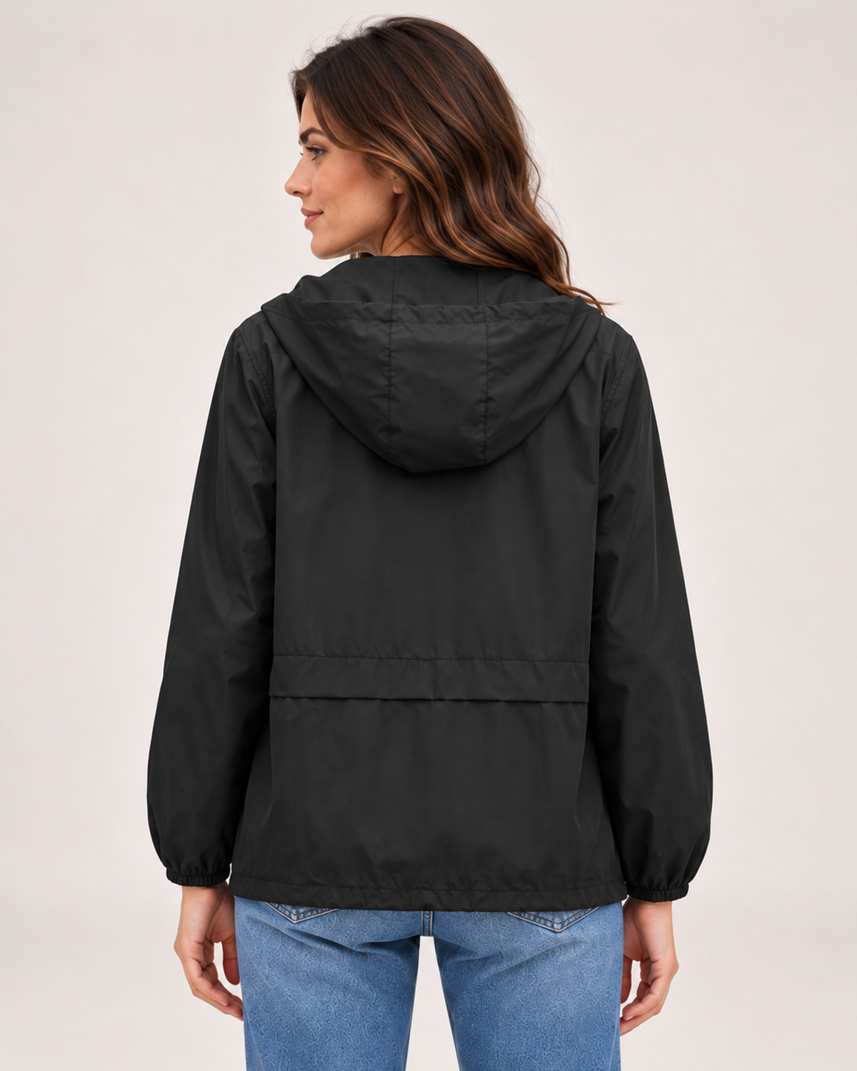 Women's black lightweight hooded utility jacket back view