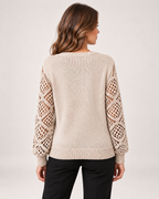 Women's beige V neck jumper with openwork sleeves back view