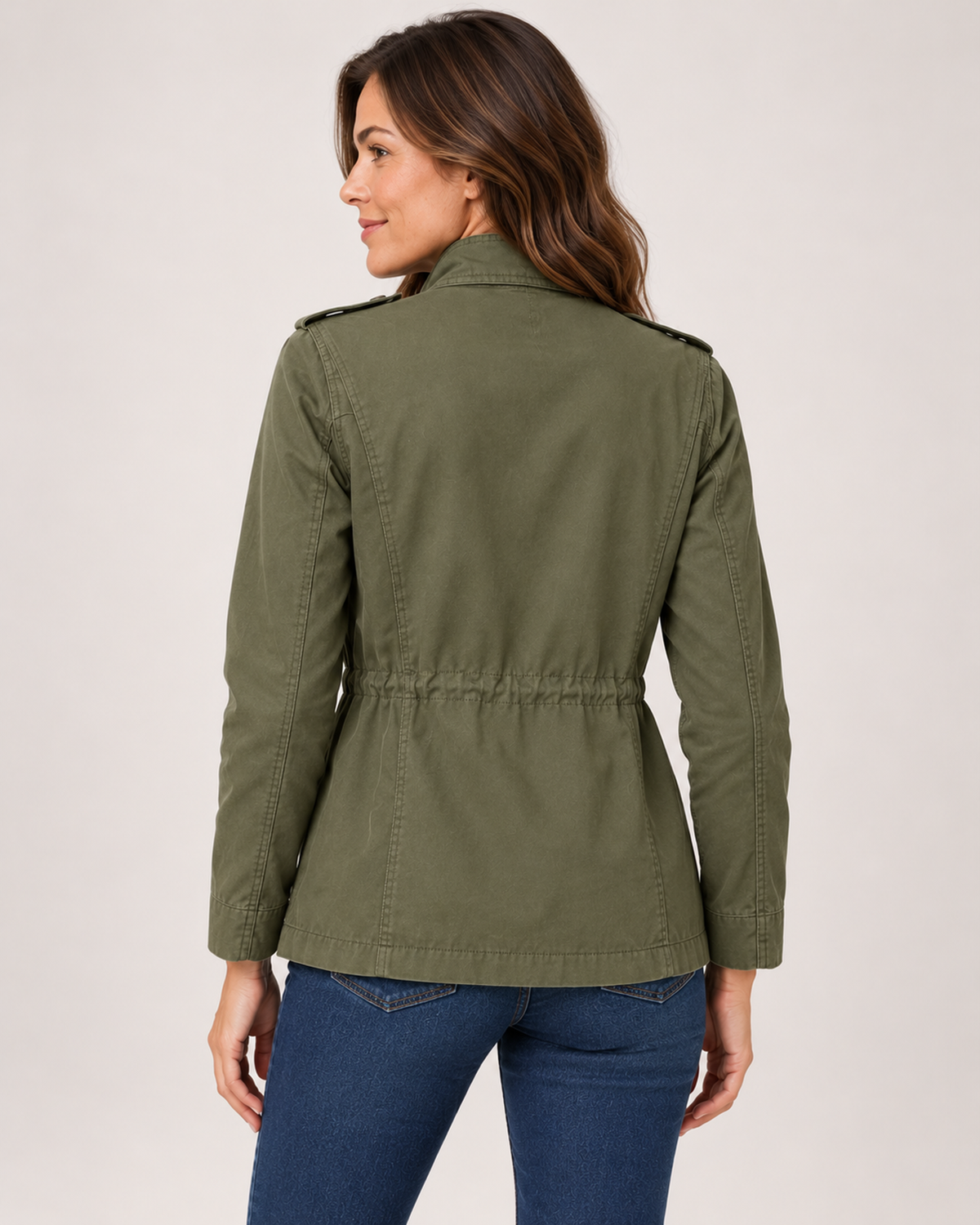 Women's olive utility jacket back view
