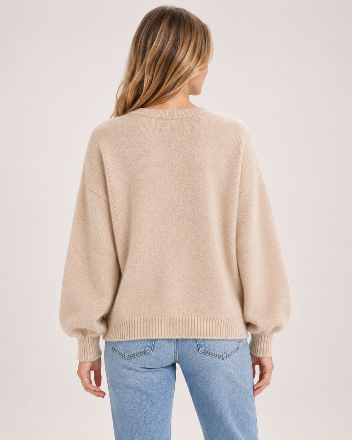 Women’s beige balloon sleeve cardigan – back view