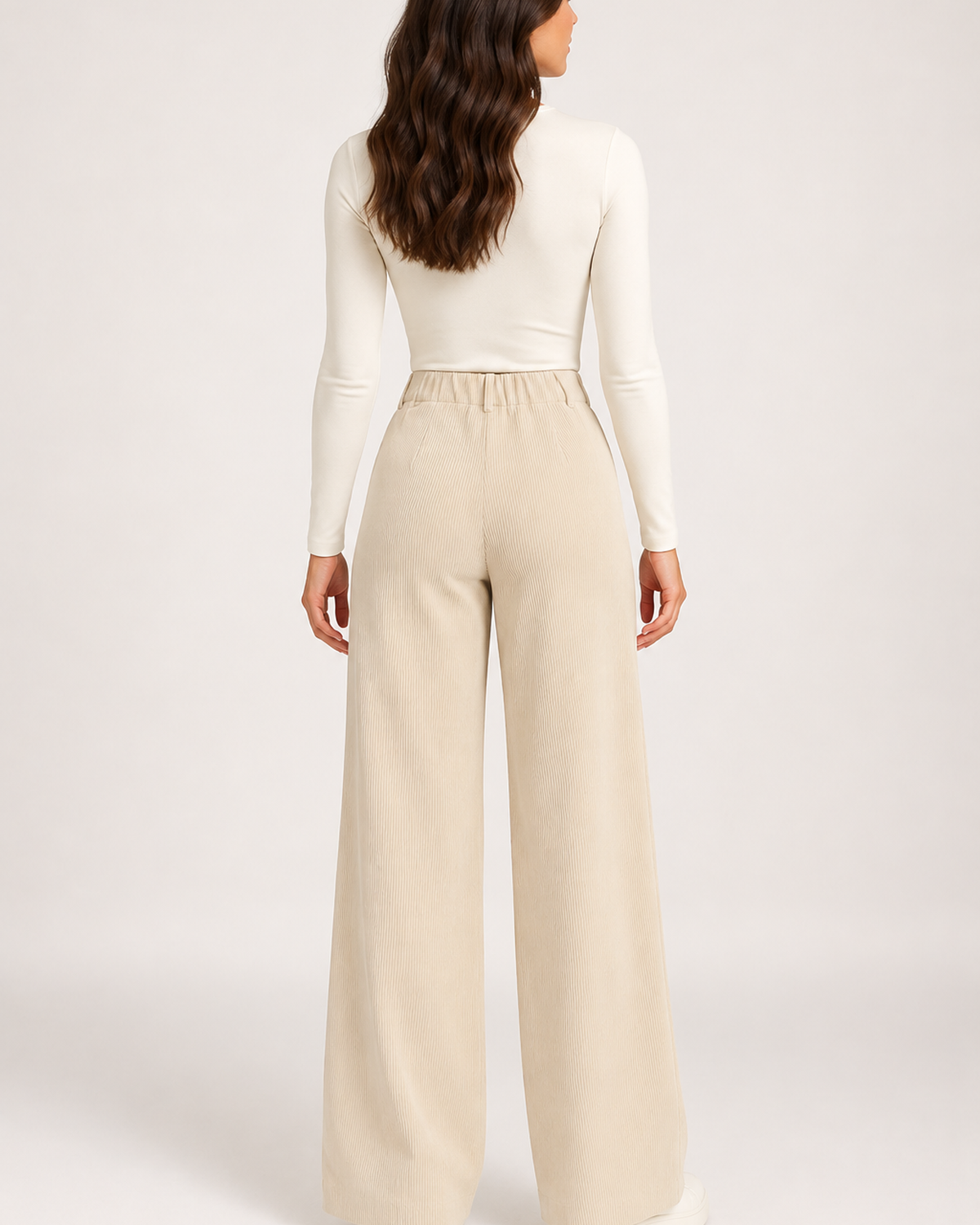 Women's light beige corduroy wide leg trousers back view
