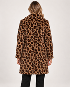 Back view of women's brown leopard print faux fur coat