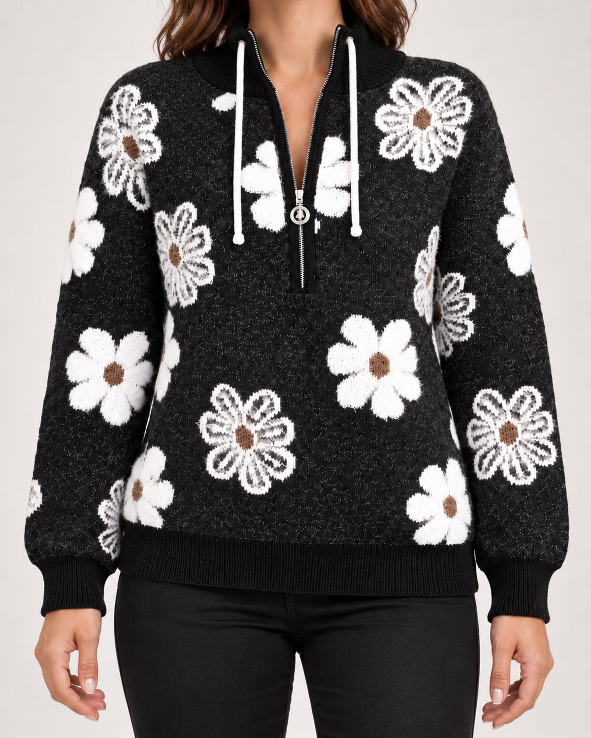 Women’s half-zip floral jumper – collar and pattern detail