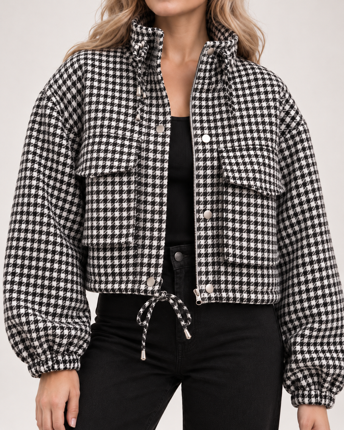 Women's checked cropped jacket utility pocket and drawstring detail
