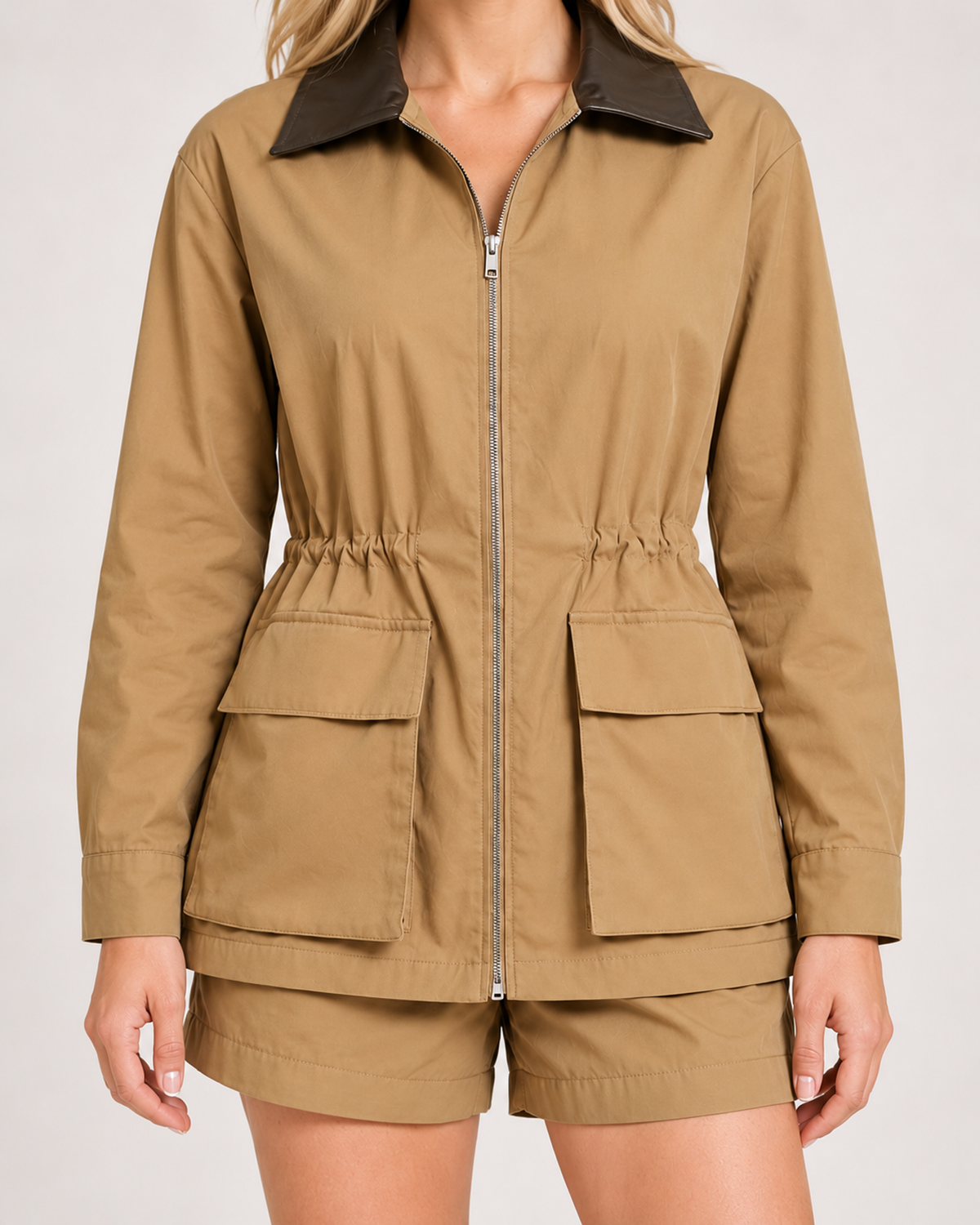 Women's tan barn jacket collar waist and pocket detail