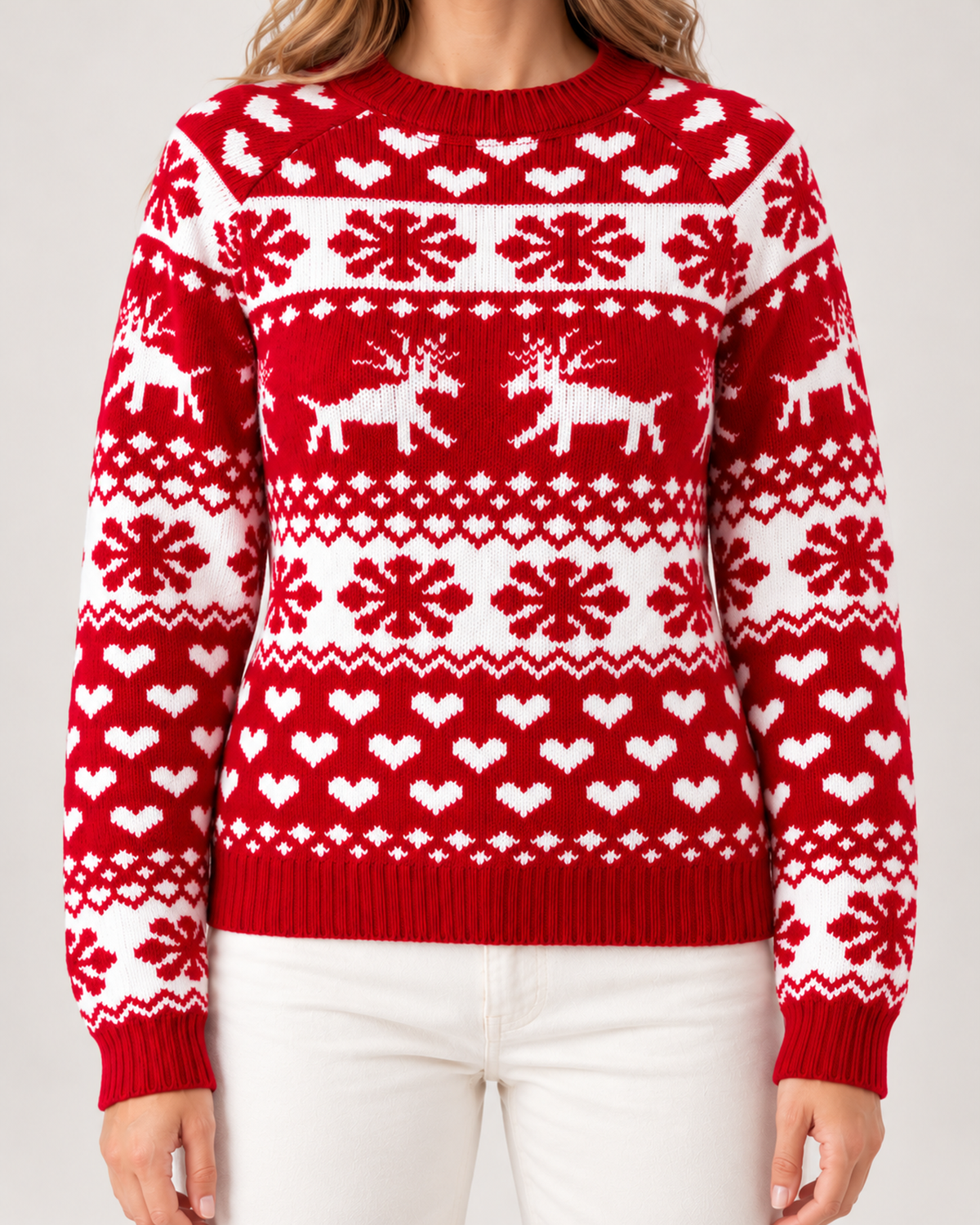 Women's red Christmas jumper knit and reindeer pattern detail