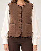 Women's brown borg gilet button pocket and contrast trim detail