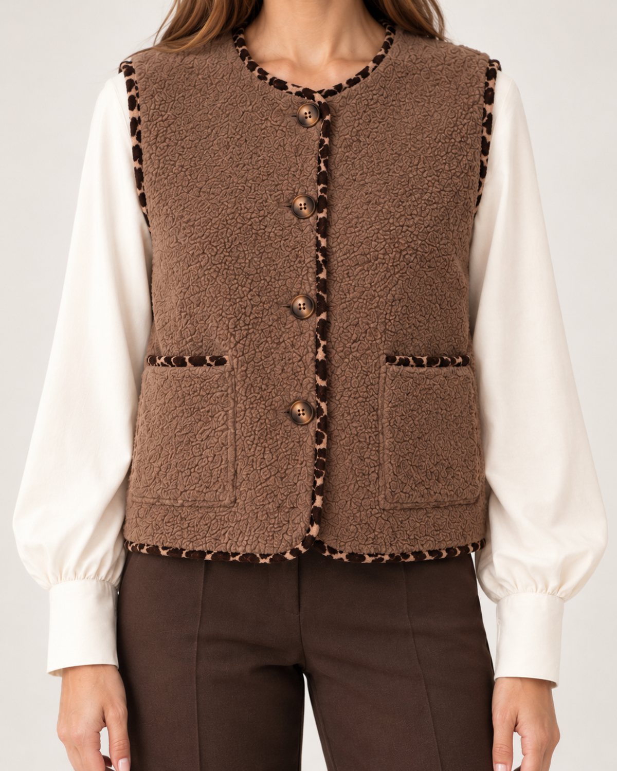 Women's brown borg gilet button pocket and contrast trim detail