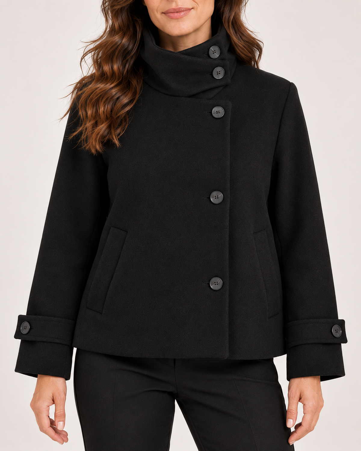 Women's black funnel neck coat asymmetric button and cuff detail