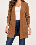 Women's brown open front coatigan pocket and knit detail