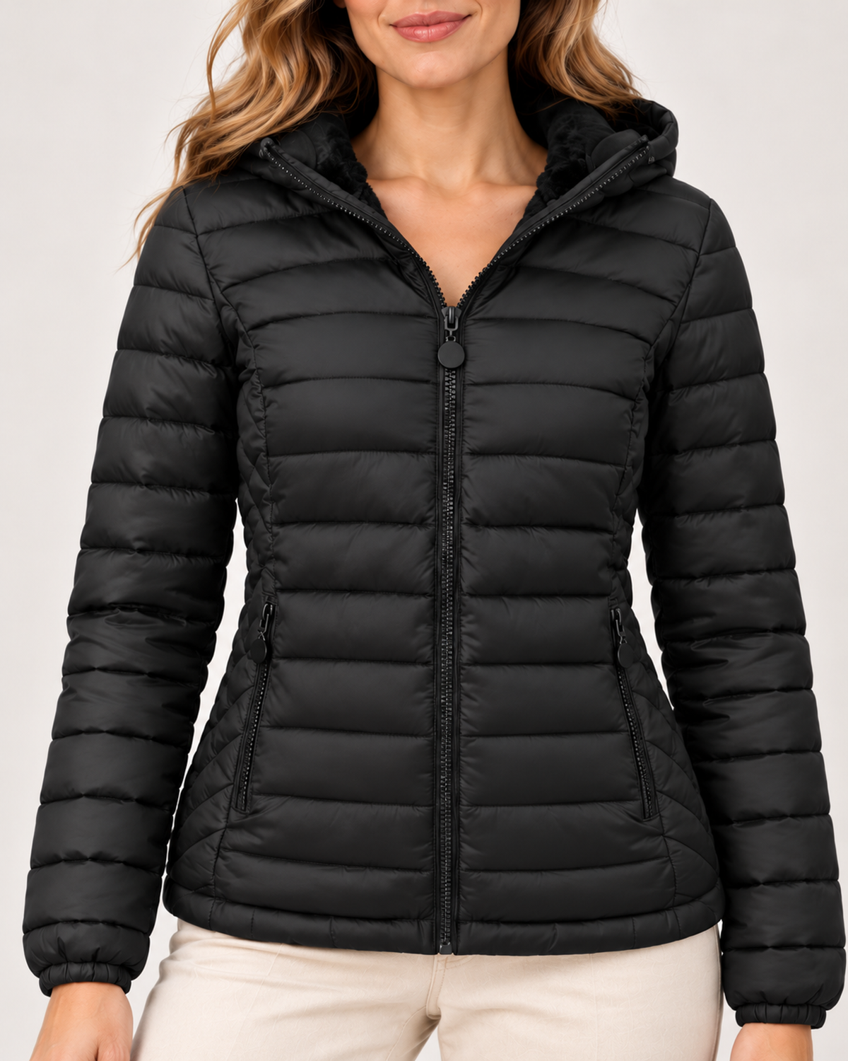 Women's black quilted hooded jacket zip pocket detail