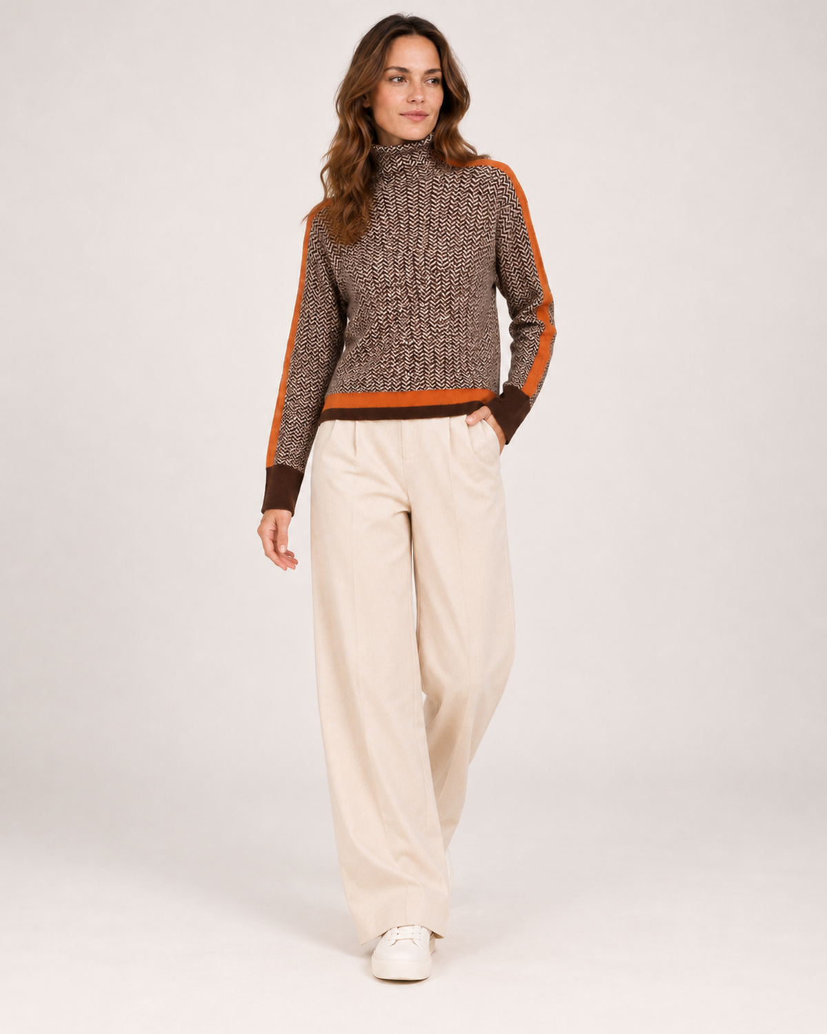 Women's orange contrast sleeve roll neck jumper full length styling view