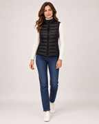 Women's black lightweight gilet full length styling view