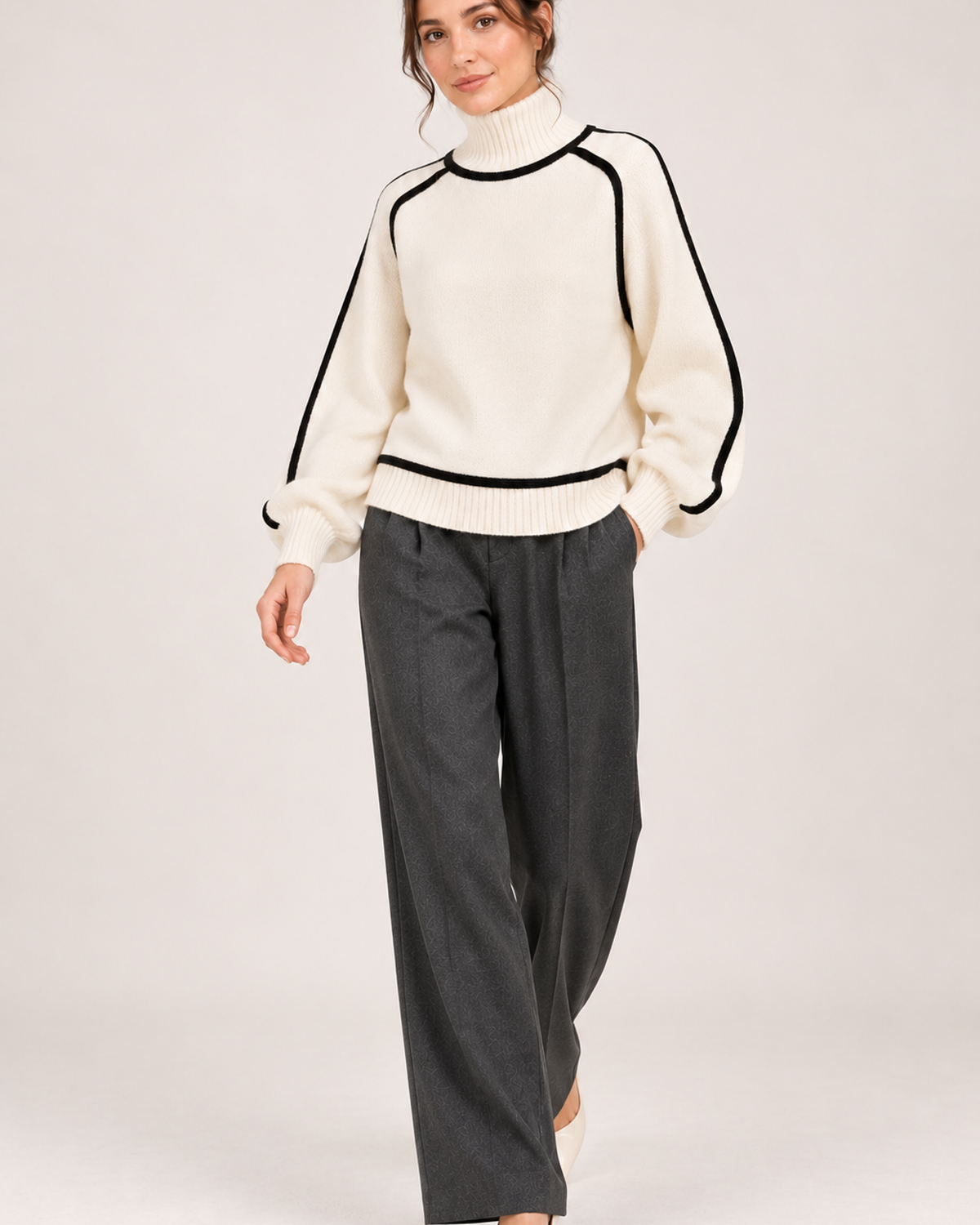 Women's white contrast trim turtleneck jumper full length styling view