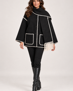 Women's black cape coat full length styling view