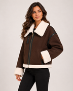 Women's Brown Suede Aviator Jacket – Faux Fur Collar Cropped Jacket product view