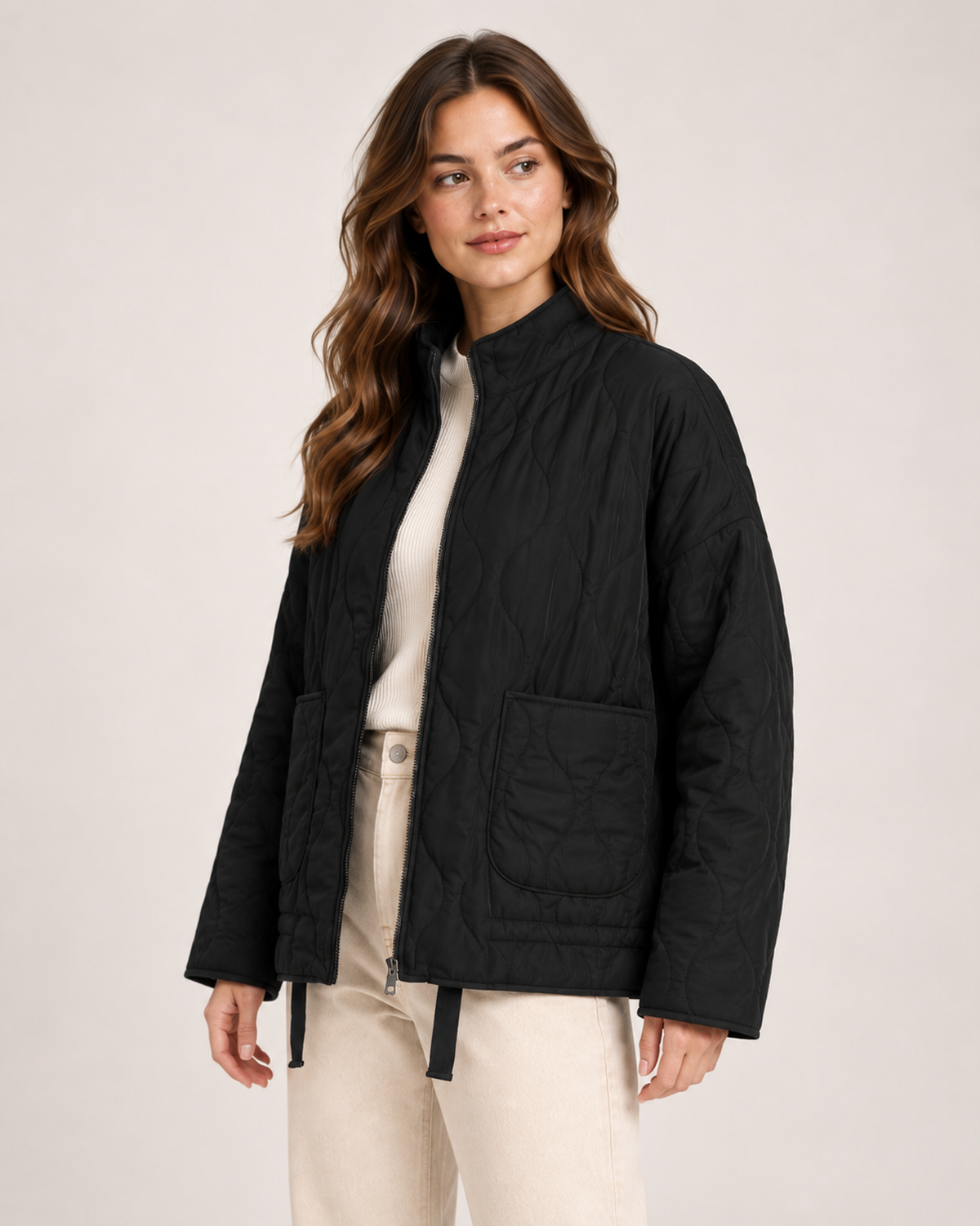 Women's Black Quilted Jacket – Lightweight Zip-Up Style product view