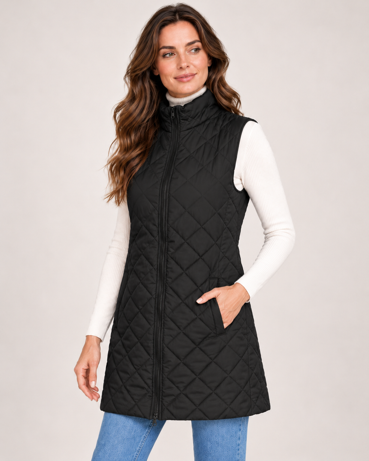 Women's black long quilted gilet three quarter view