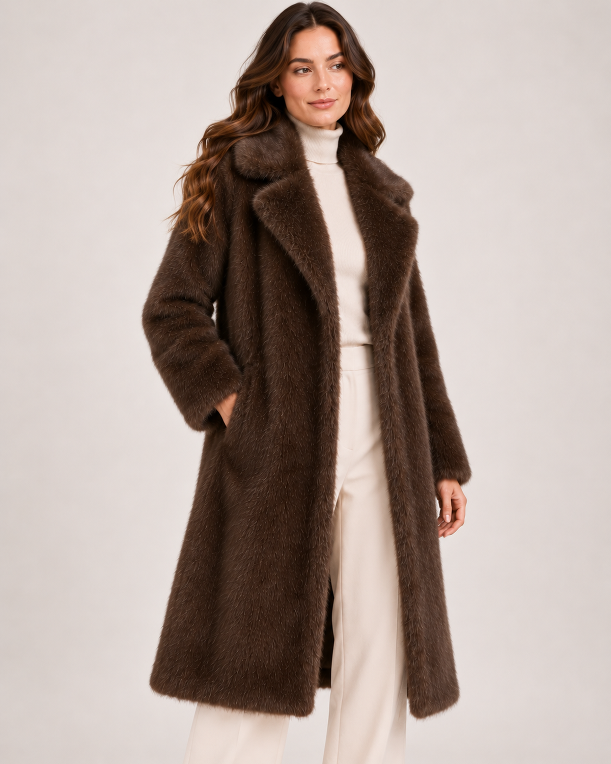 Women's brown long faux fur coat three quarter view