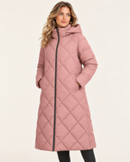 Women's pink long diamond quilted puffer jacket three quarter view