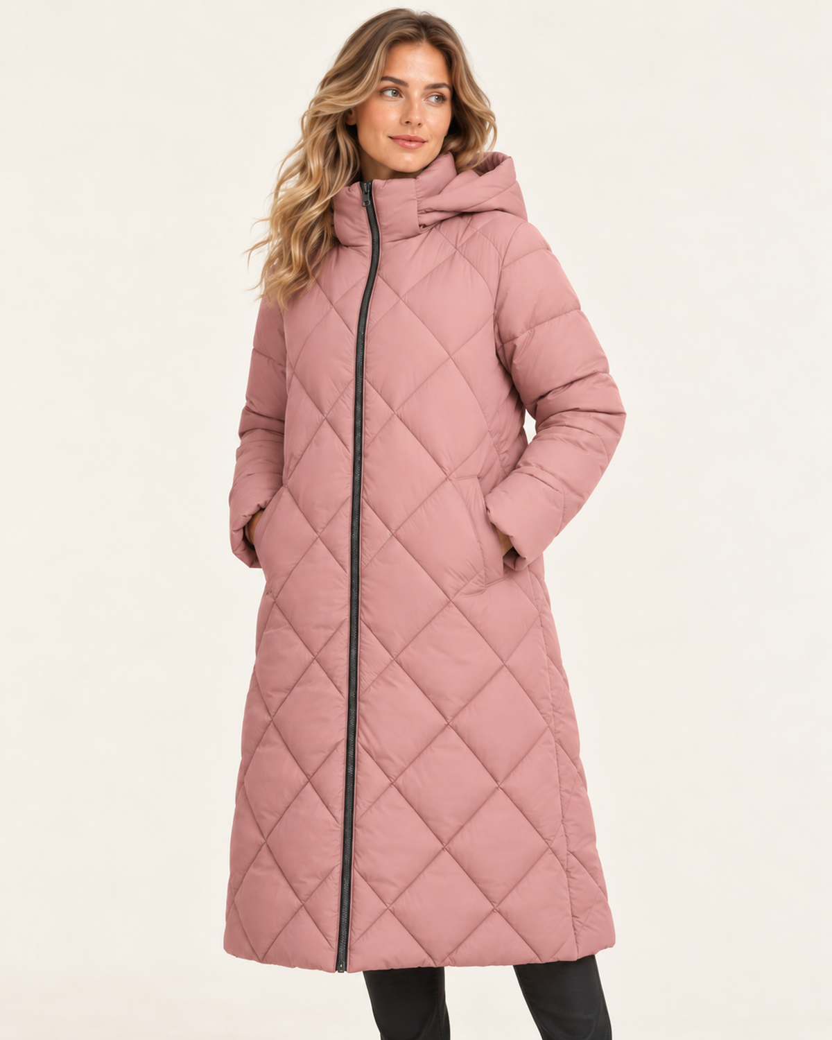 Women's pink long diamond quilted puffer jacket three quarter view