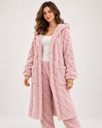 Women’s Pyjama Set with Long Hooded Robe and Trousers in Pink, full body view