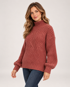 Women's Cable Knit Jumper with Roll Neck and Balloon Sleeves three quarter view