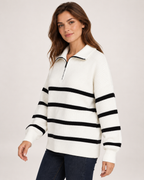 Women’s Striped Jumper with Half Zip Collar in White, upper body product focus view