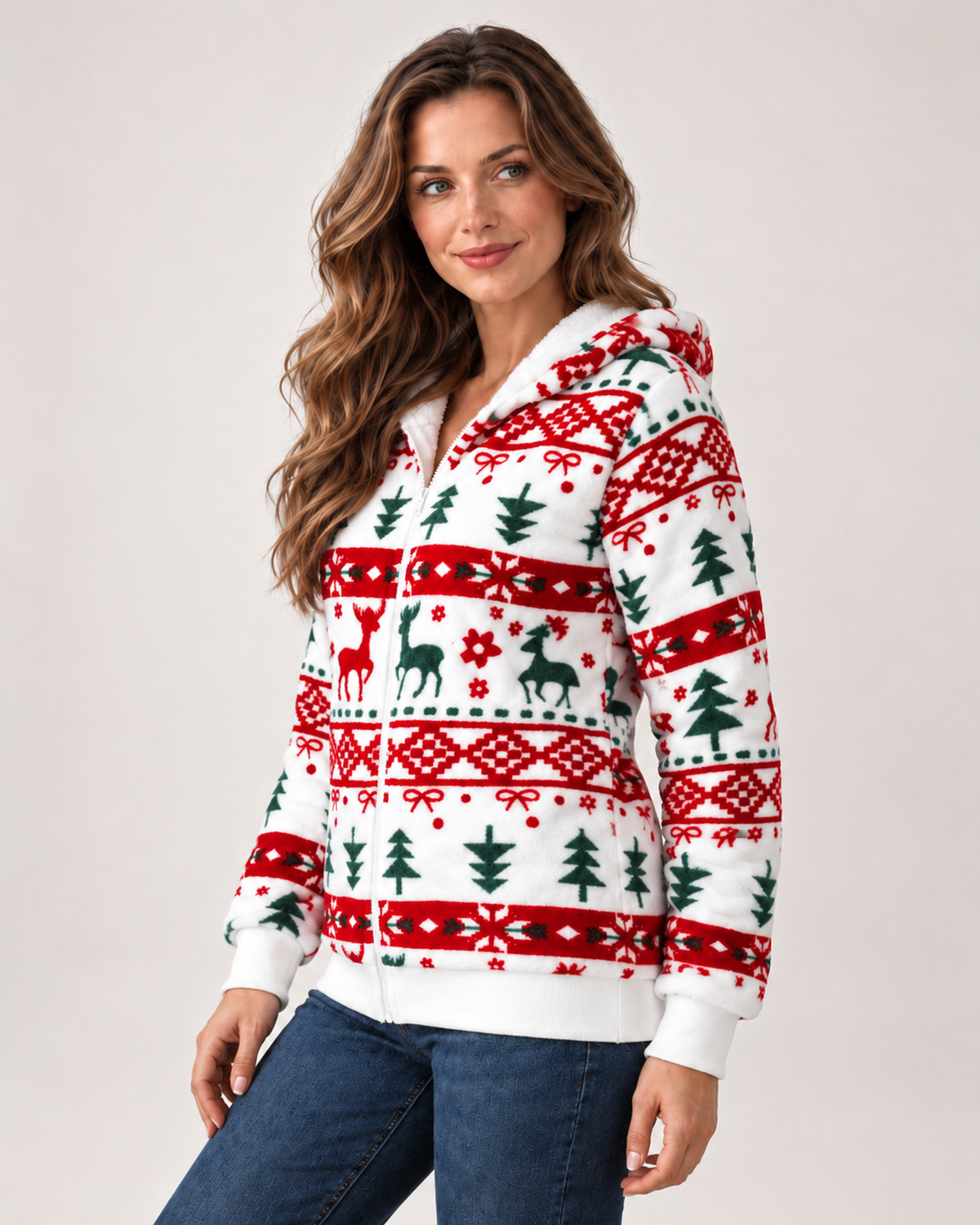 Women's Christmas Cardigan with Hood and Zip Front product view
