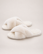 Women’s Fluffy Slippers with Cross Straps and Open Toe in White, product only view