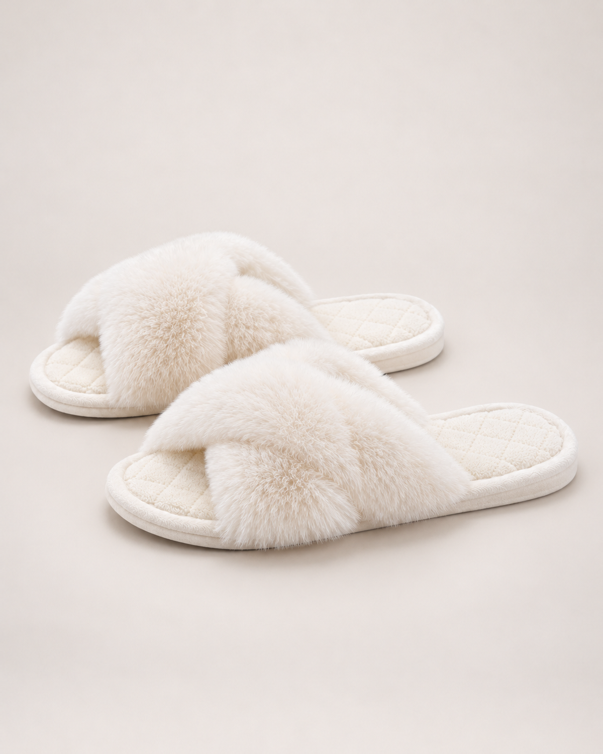 Women’s Fluffy Slippers with Cross Straps and Open Toe in White, product only view