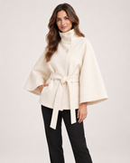 Women’s Cape Coat with Funnel Neck and Belt in Apricot, three quarter body view