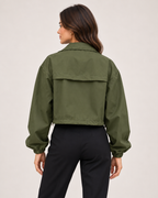 Women's Cropped Utility Jacket with Stand Collar and Chest Pockets back view