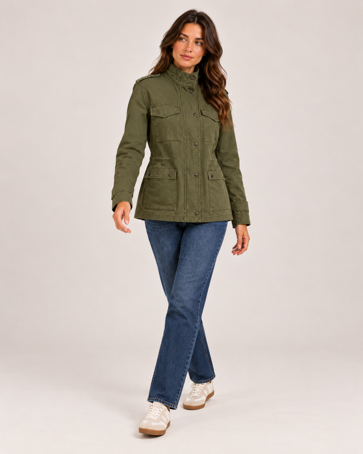 Women's army green utility jacket full length styling view