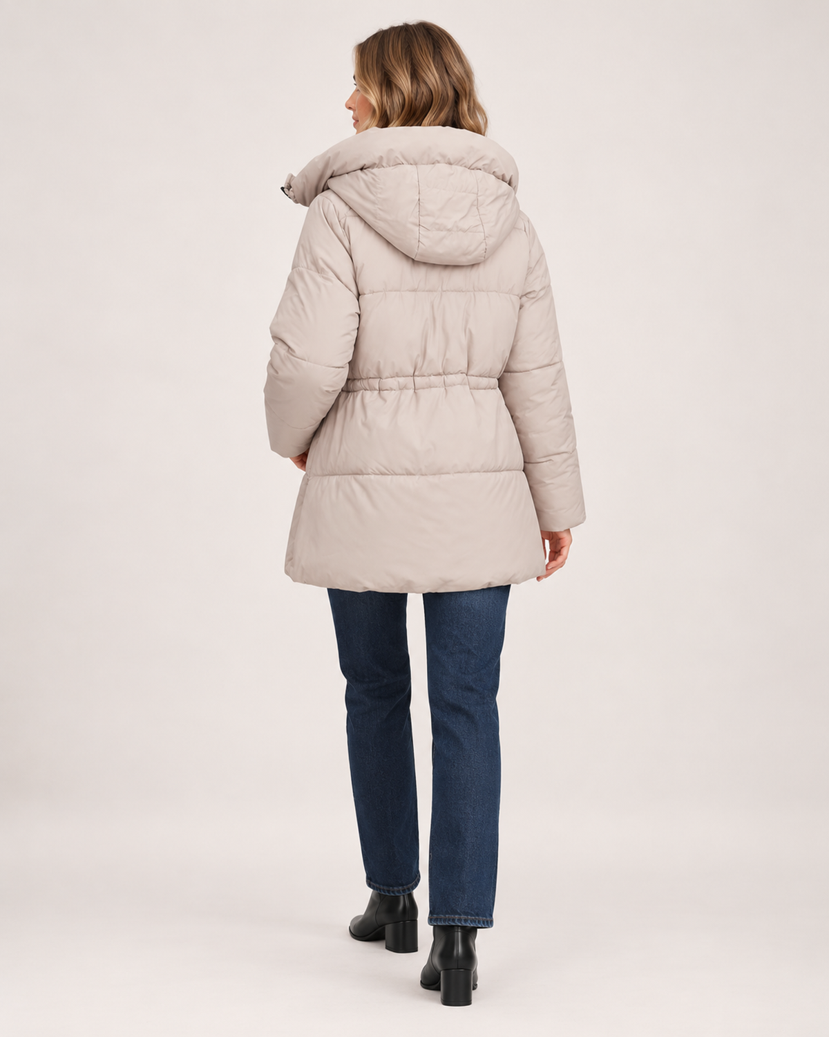 Women's Padded Coat with Hood and Drawstring Waist back view