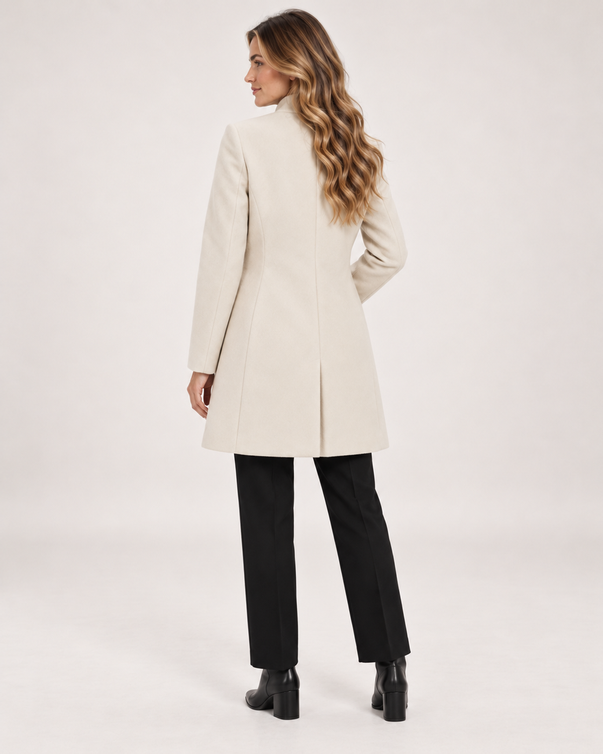 Women's Mid Length Coat with Collarless Neck product view