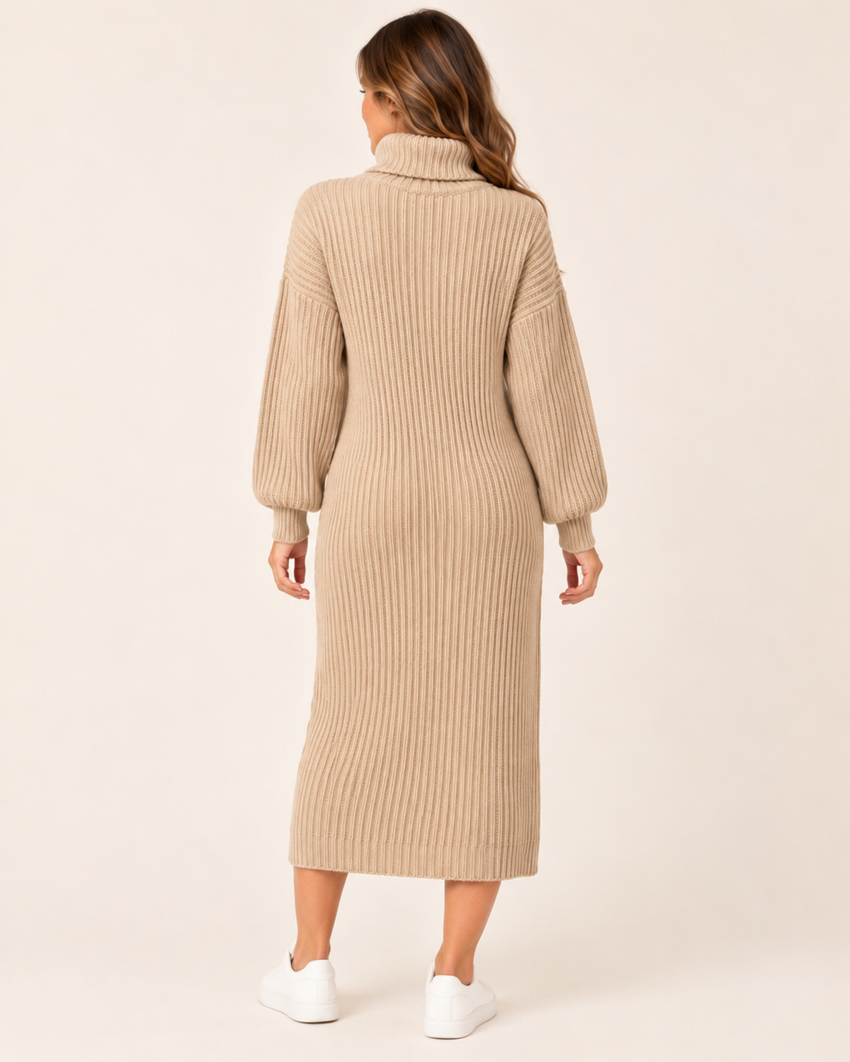 Women’s Jumper Dress with Roll Neck and Ribbed Finish in Beige, three quarter body view