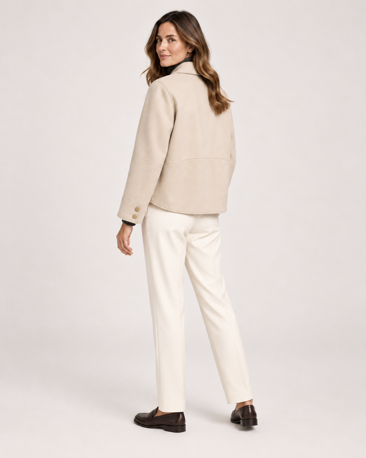 Women’s Short Jacket with Button Front and Patch Pockets in Beige, lower body product focus view